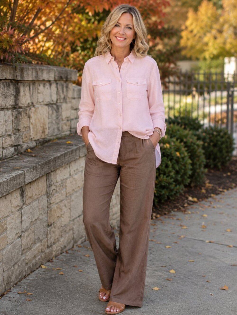 SUNDANCE Long Sleeve Collared Button-Up 100% Linen Light Pink HiLo Shirt M